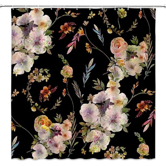 Black Floral Shower Curtain Watercolor Flower Vintage Wildflower Green Leaf Spring Nature Plant Bloom Retro Chic Rustic Black Fabric Bathroom Curtains Decor Set With Hook 36"W x 72"L