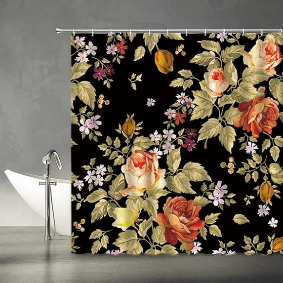 Black Floral Shower Curtain Watercolor Pink Peony Rose Flower Retro Leaves Vintage Background Unique Art Printing Fabric Bathroom Decor Set With Hooks 72"W x 96"L (Pack of 1)