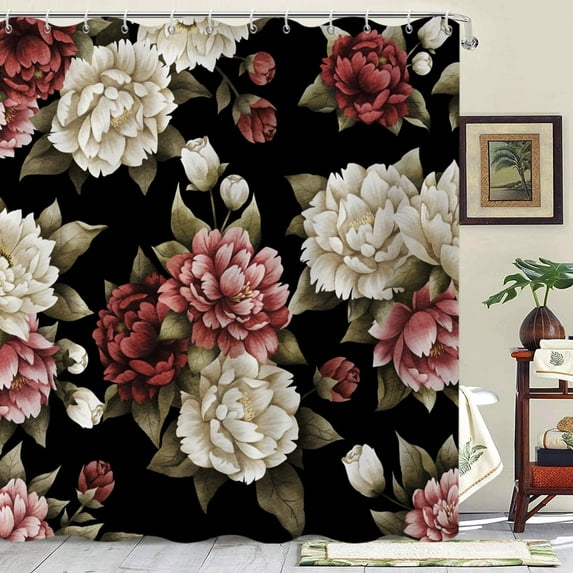 Black Floral Shower Curtain, Watercolor Rose Flower Retro Leaves Peony Blossom Women Girl Bathroom Curtain Decor Waterproof Fabric Machine Washable with 6PCS Hooks,36" Wx72 L