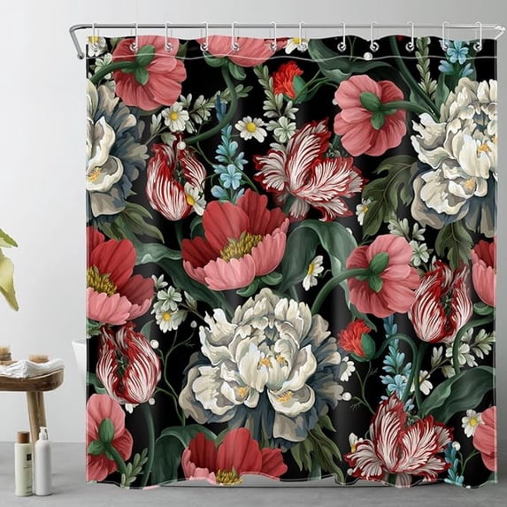 Black Floral Shower Curtain, White Red Floral With Green Leaves On Black Background Bathroom Curtain, Flower Bathroom Decor With 12 Hooks Easy Care Polyester Fabric 48"W x 72"L