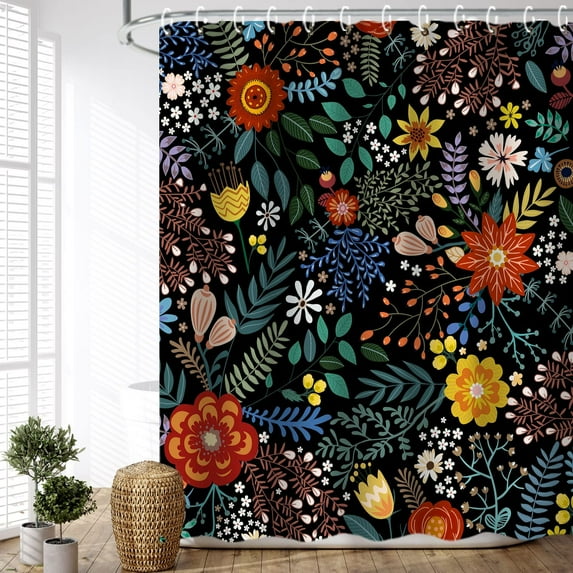 Black Floral Shower Curtain for Bathroom Flower Shower Curtain Dark Shower Curtain Colorful Unique Boho Shower Curtain Set with 12 Hooks, 72W x84 H