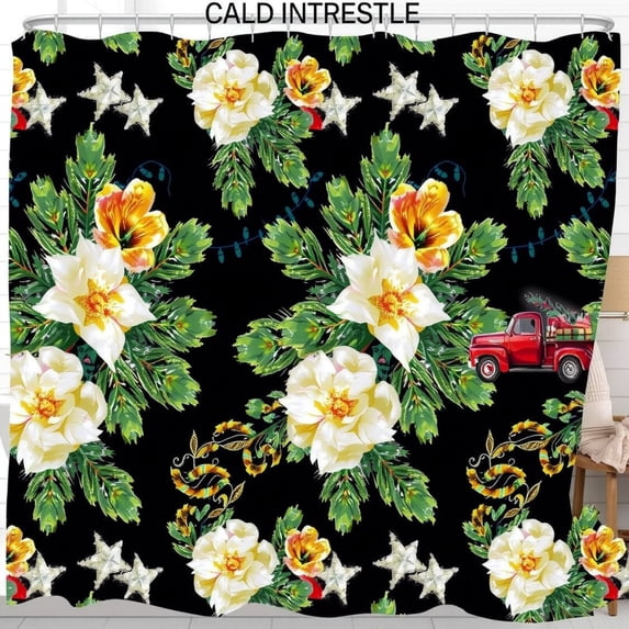 Black Floral Shower Curtain with White Flowers Yellow Centers Pine Branches Silver Stars & Red Truck