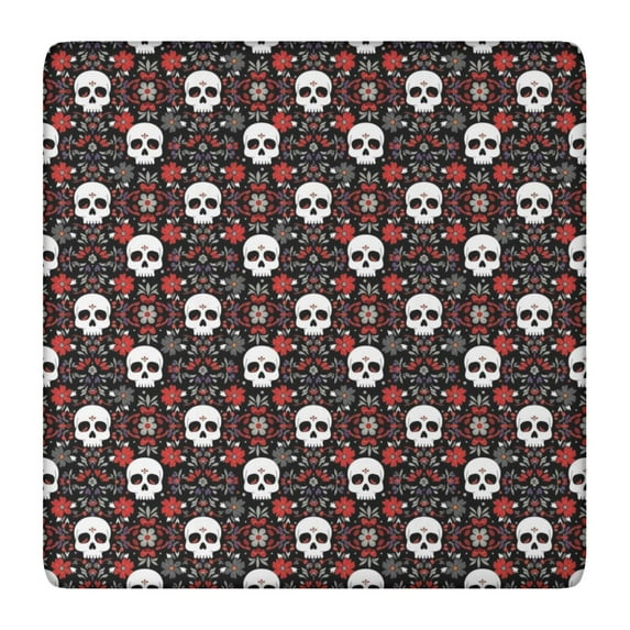 Black Floral Skull Pattern Square Fitted Tablecloth with Elastic Edge,Square Table Cover,Washable Elastic Table Cover for Home Kitchen Party Decor 36"x36"
