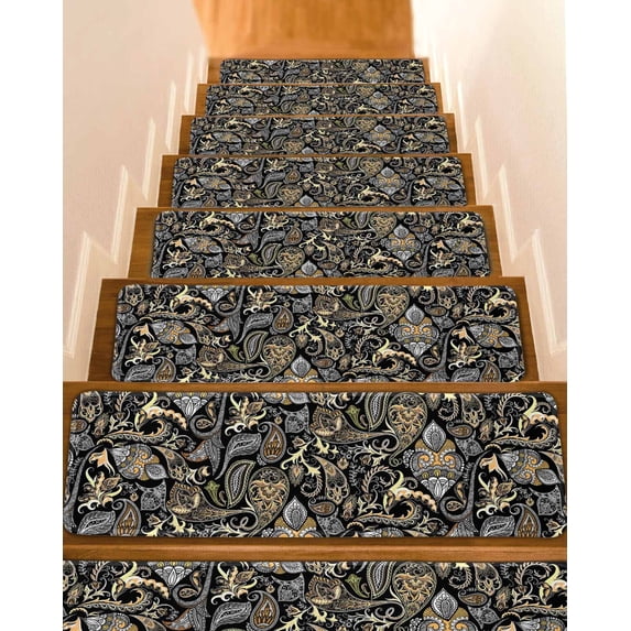 Black Floral Stair Treads for Wooden Steps Indoor Runner Rug Carpet, Boho Botanical Vintage Paisley Flower 4 Pieces Peel and Stick Staircase Step Treads Covers Washable Throw Door Mats, 30"x8"