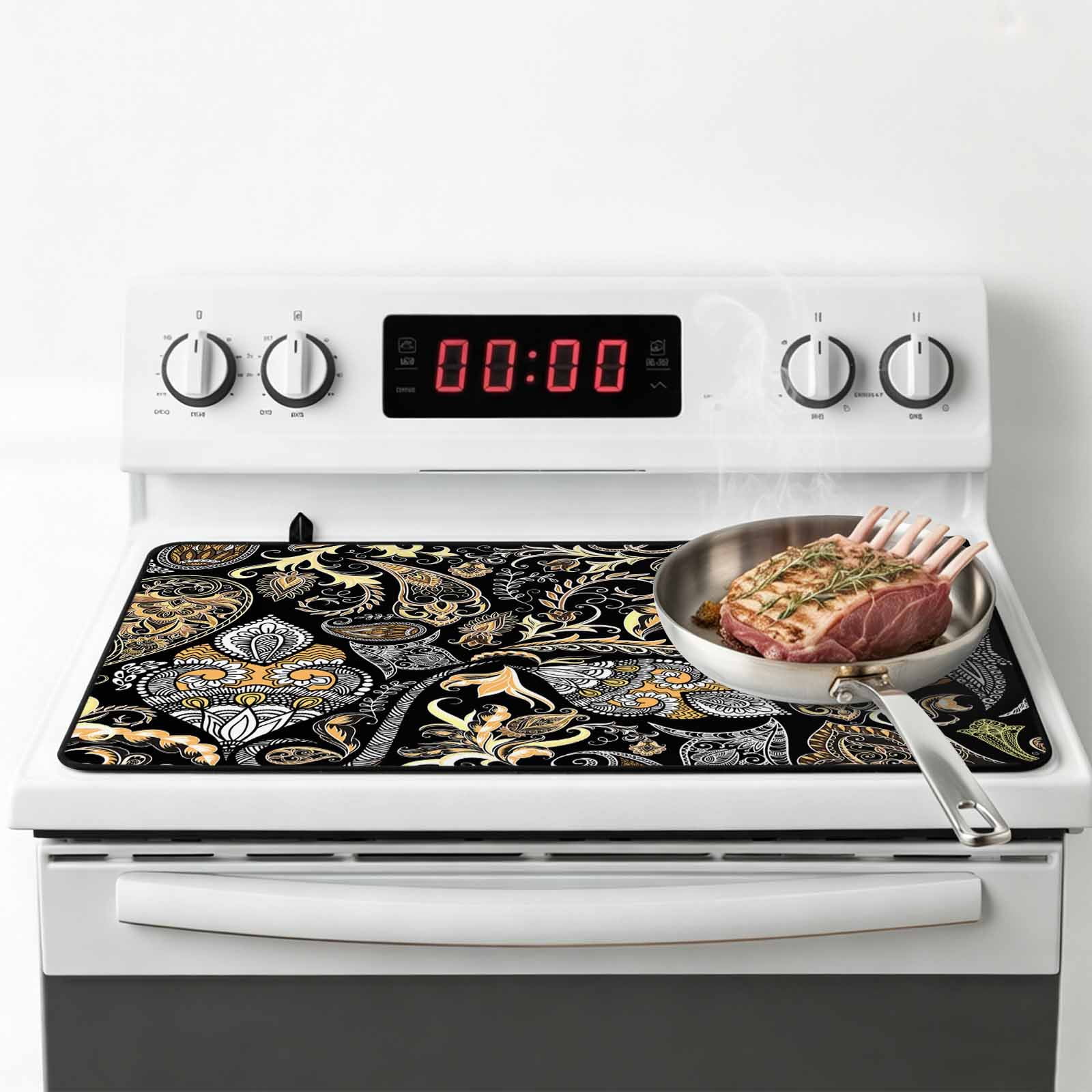 Black Floral Stove Top Cover for Electric Stove, Heat-proof & Non Slip Glass Top Stove Cover Protector, Boho Botanical Vintage Paisley Flower Kitchen Flat Cooktop Rubber Mat 24x21 Inches