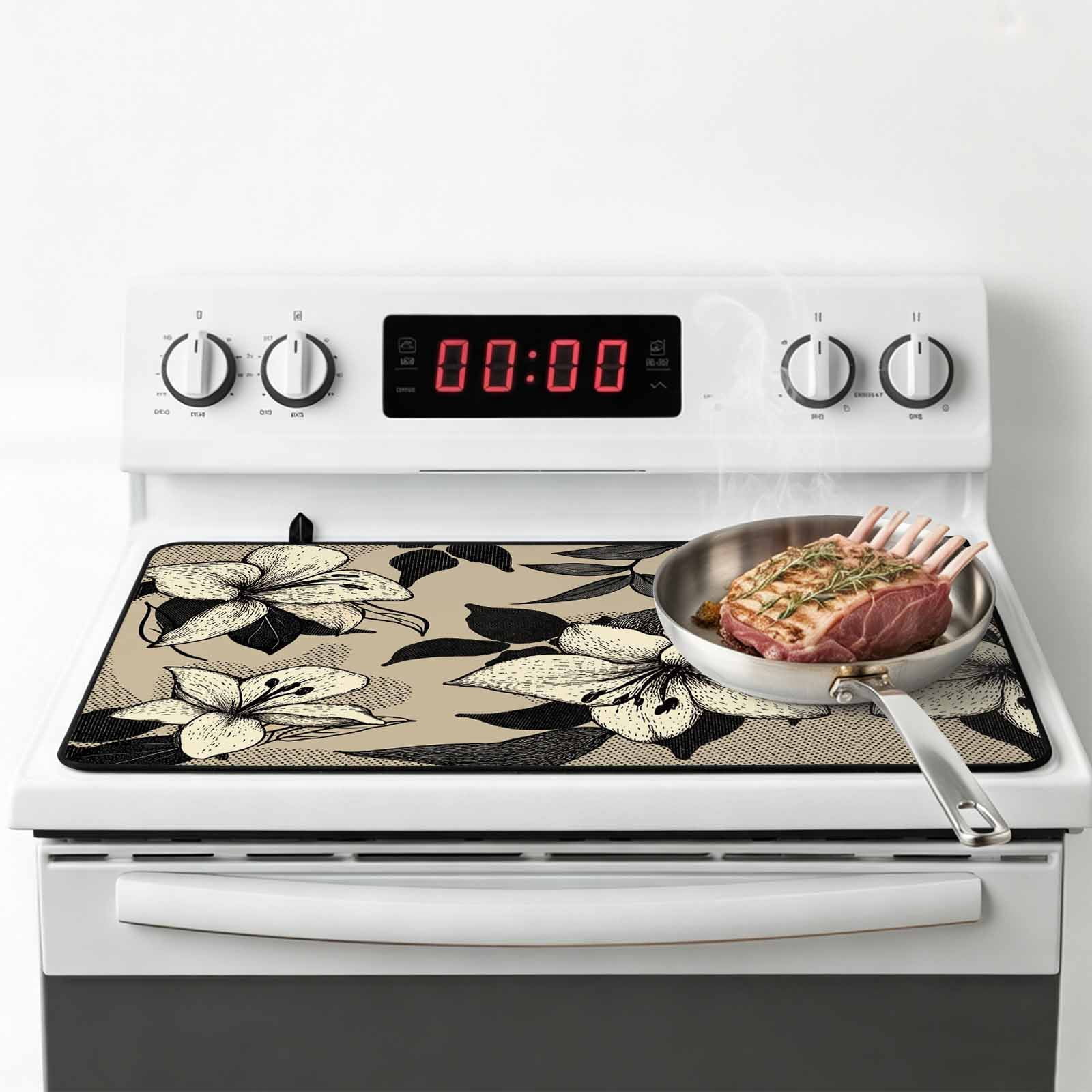 Black Floral Stove Top Cover for Electric Stove, Heat-proof & Non Slip Glass Top Stove Cover Protector, Vintage Khaki Floral Retrp Plant Leaf Kitchen Flat Cooktop Rubber Mat 24x21 Inches