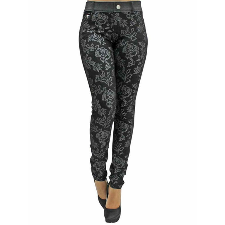 Black Floral Stretch Jeggings With Pockets Size Small/Medium 