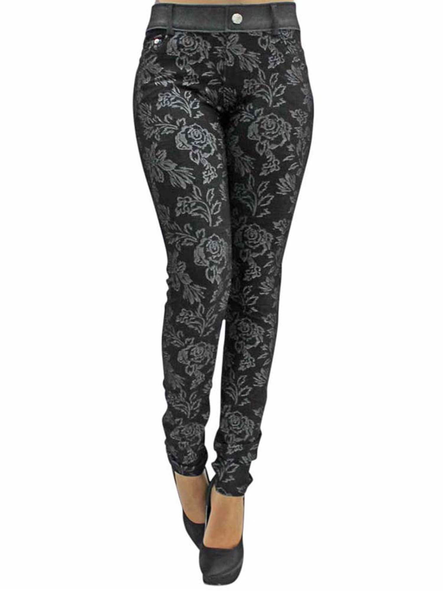 Black Floral Stretch Jeggings With Pockets Size Small/Medium