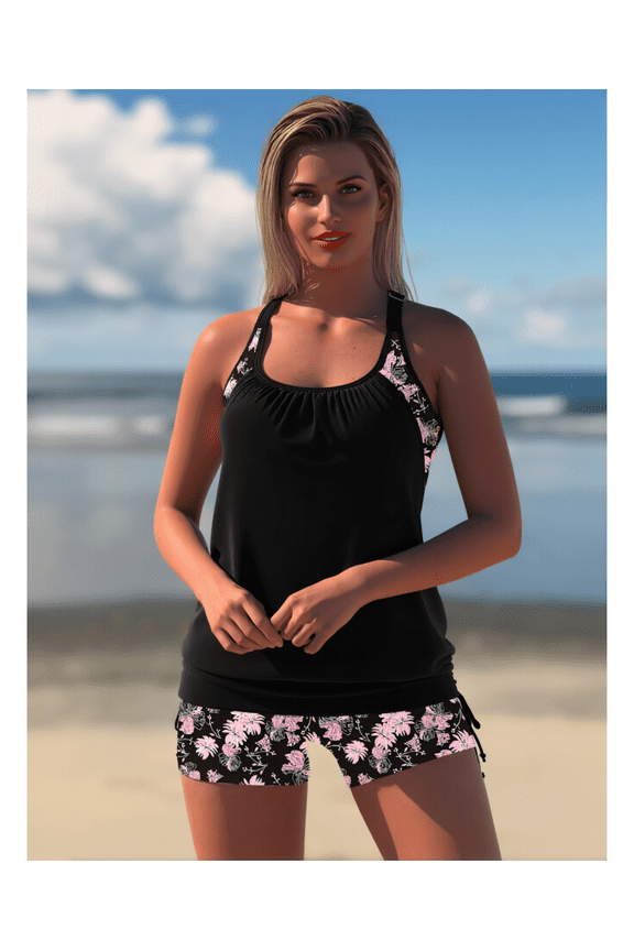 Black Floral Swimsuit Cover Up Shorts - Women's Beach Swimwear Belly Slimming Smock Shorts for Pool, Vacation, Hot Spring - Two Piece Swimsuit Accessory