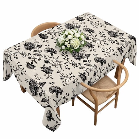 Black Floral Table Cloth 60x120 Inch Rectangle, Detailed Roses Curving Stems Leaf Cream Background Waterproof Tablecloth Washable Table Cover for Party Picnic Dinner Decor