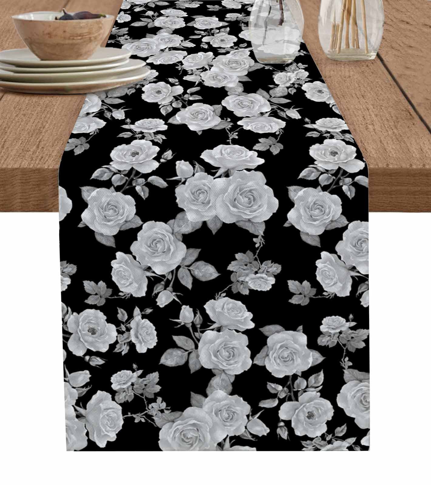 Black Floral Table Runner Cotton Linen 120 Inch Holiday Dresser Scarves, Farmhouse Garden Flowers Botanical Tablerunner for Kitchen Coffee Dining Bedroom Living Room Dinner Scarf Décor 13''x120''