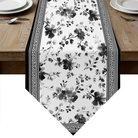 Black Floral Table Runner Linen Burlap Table Runner 108 Inches Long Retro Flowers Leaves Farmhouse Greek Key Dresser Scarves for Kitchen Island Coffee Dining Room Party Wedding Holiday Decor 13"x108"
