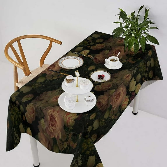 Black Floral Tablecloth, Rustic Vintage Watercolor Botanical Rose Peony Gothic Leaves Plant Table Cover for Party Picnic Dinner Decor 60x84in