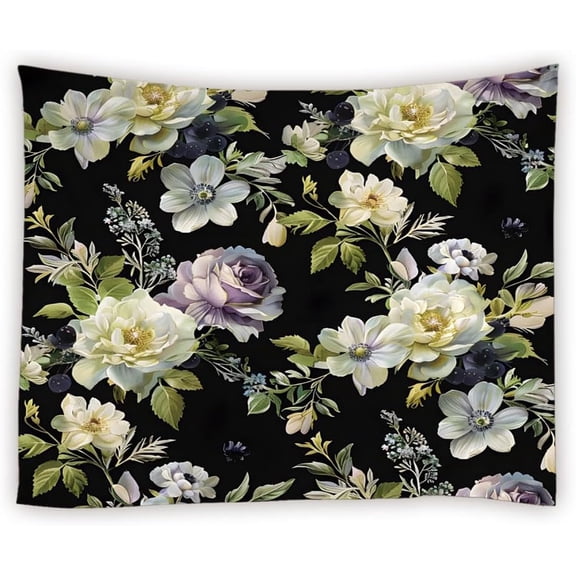 Black Floral Tapestry Retro Flower Bloosom Rustic Rose Peony Watercolor Vintage Leaves Spring Plant Boho Woman Tapestries Wall Hanging for Bedroom Living Room Dorm Background Cloth,90x60Inch