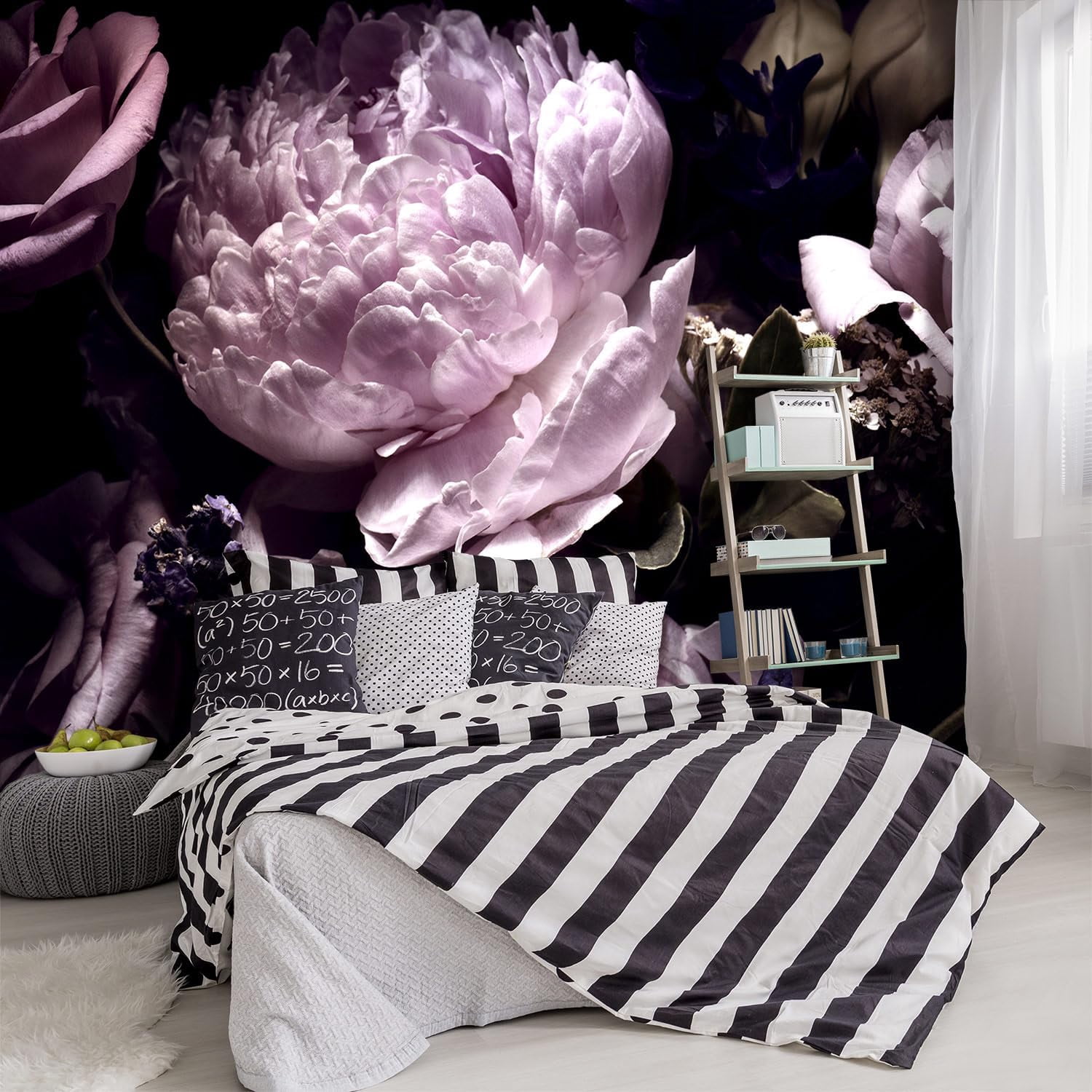 Black Floral Wallpaper Mural - Oversized 137"x96" Dark Peony ...