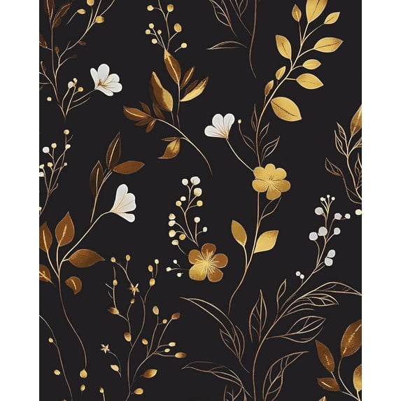 Black Floral Wallpaper Peel and Stick, Dark Gold Vintage Flower Contact Paper, Golden/White Botanical Wall Paper Self Adhesive Waterproof Removable for Room Cabinet Drawer Table Decor 17.5" x 118"