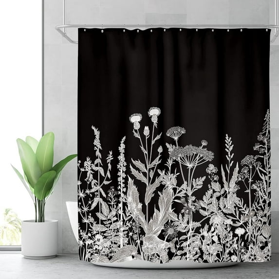 Black Floral Wild Wildflower Shower Curtain Botanical Herbs Plant Nature Blossom Flower Leaf Sketch Waterproof Fabric 72Wx72H Inch Polyester Bathroom Bathtub Decoration 12 Pack Plastic Hooks