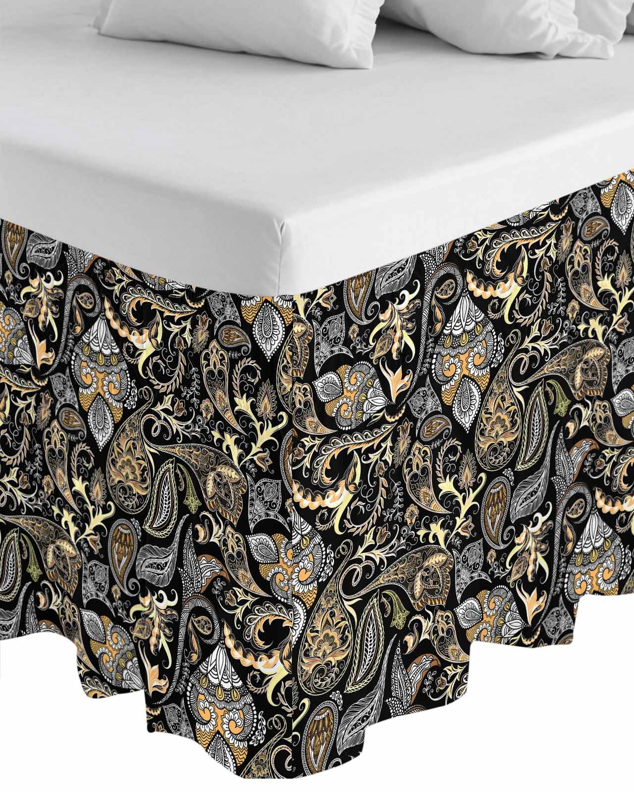 Black Floral Wrap Around Bed Skirts for Queen Bed 18" Drop,Bed Skirt with Adjustable Elastic Belt Dust Ruffle Bed Valance for Bedroom Hotel Boho Botanical Vintage Paisley Flower Bed Frame Cover