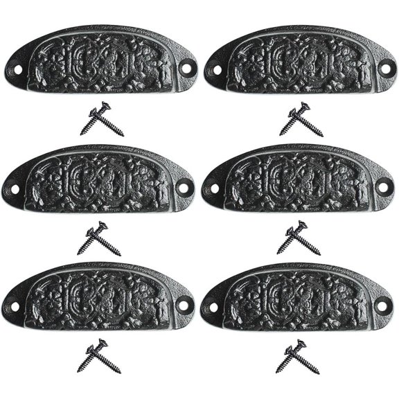 Black Floral Wrought Iron Cabinet Or Drawer Cup Bin Pull 3.18" W X 1.12" H Antique Kitchen Dresser Handles Rust Resistant Powder Coated Pulls With Hardware | Renovators Supply Manufacturing Pack Of 6