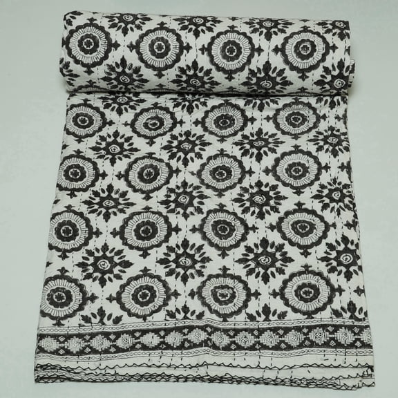 Black Floral indian Kantha Quilt â€“ Cotton Block Print Bedspread, Lightweight Black and White Blanket for All-Season Bedding