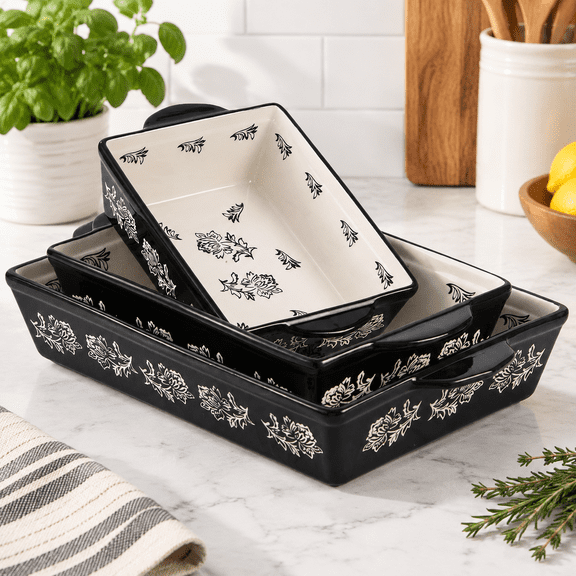 Black Flower 3-Piece Ceramic Baking Dish Lasagna Pan Casserole Bakeware Set