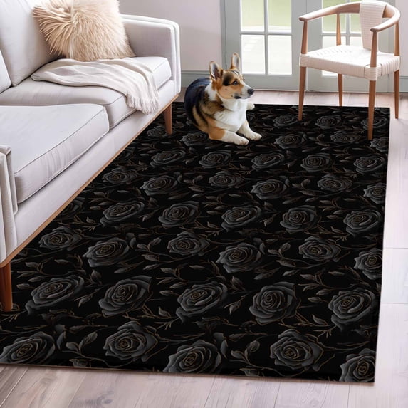 Black Flower, Area Rug 4x6 FT, Non Slip Kids Room Carpet, Abstract Vintage Botanical Floral Plant Washable Soft Floor Carpet Non-Shedding Throw Rug for Dorm Kitchen Study Room Home Office Bedside