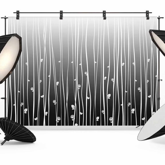 Black Flower Backdrop for Photography,Fabric Photo Background Backdrop,Geometric Stripes Gradient Simple Branch Photo Booth Background for Portrait Photoshoot Video Wedding Decoration Banner 7x5ft
