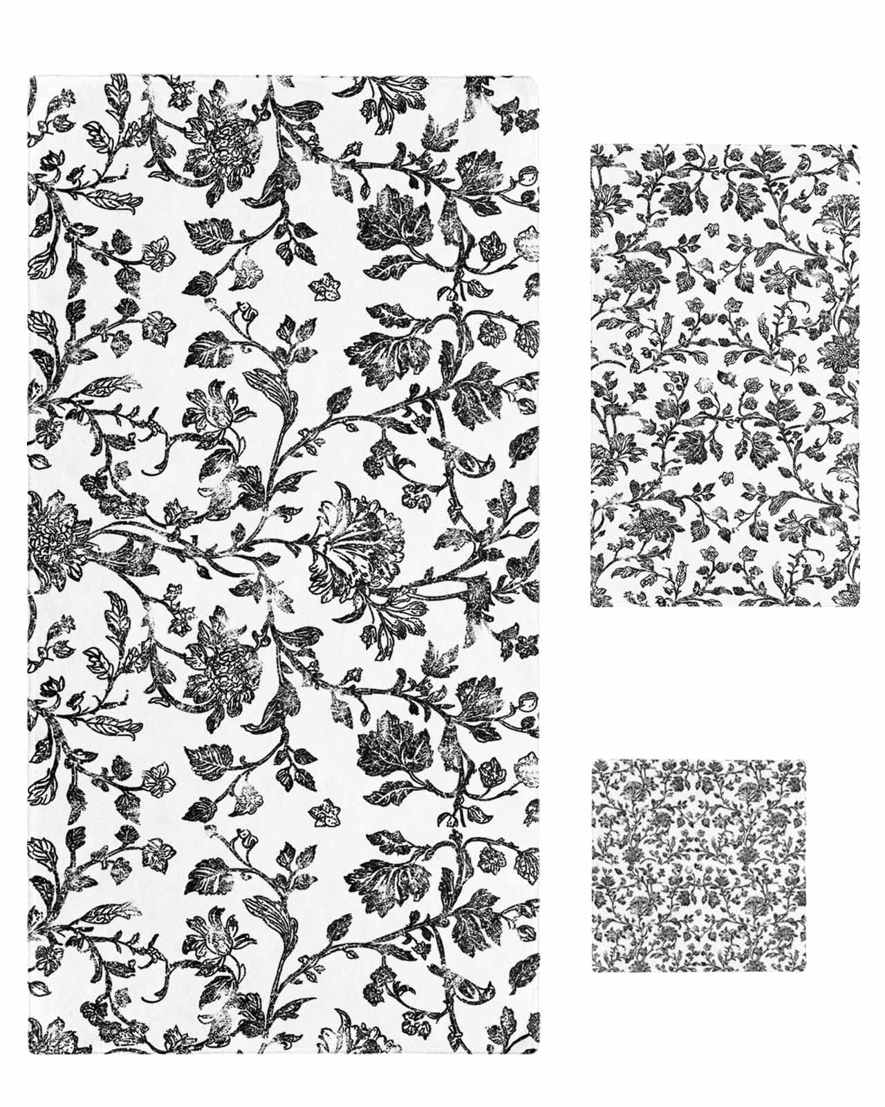 Black Flower Bath Towels for Bathroom Set,Luxury Microfiber Towels Gifts for Women,Beach Kitchen Hand Hair Face Towel and Dish Washcloth,Vintage Farmhouse Boho Leaf Spring Plant Towels+Set