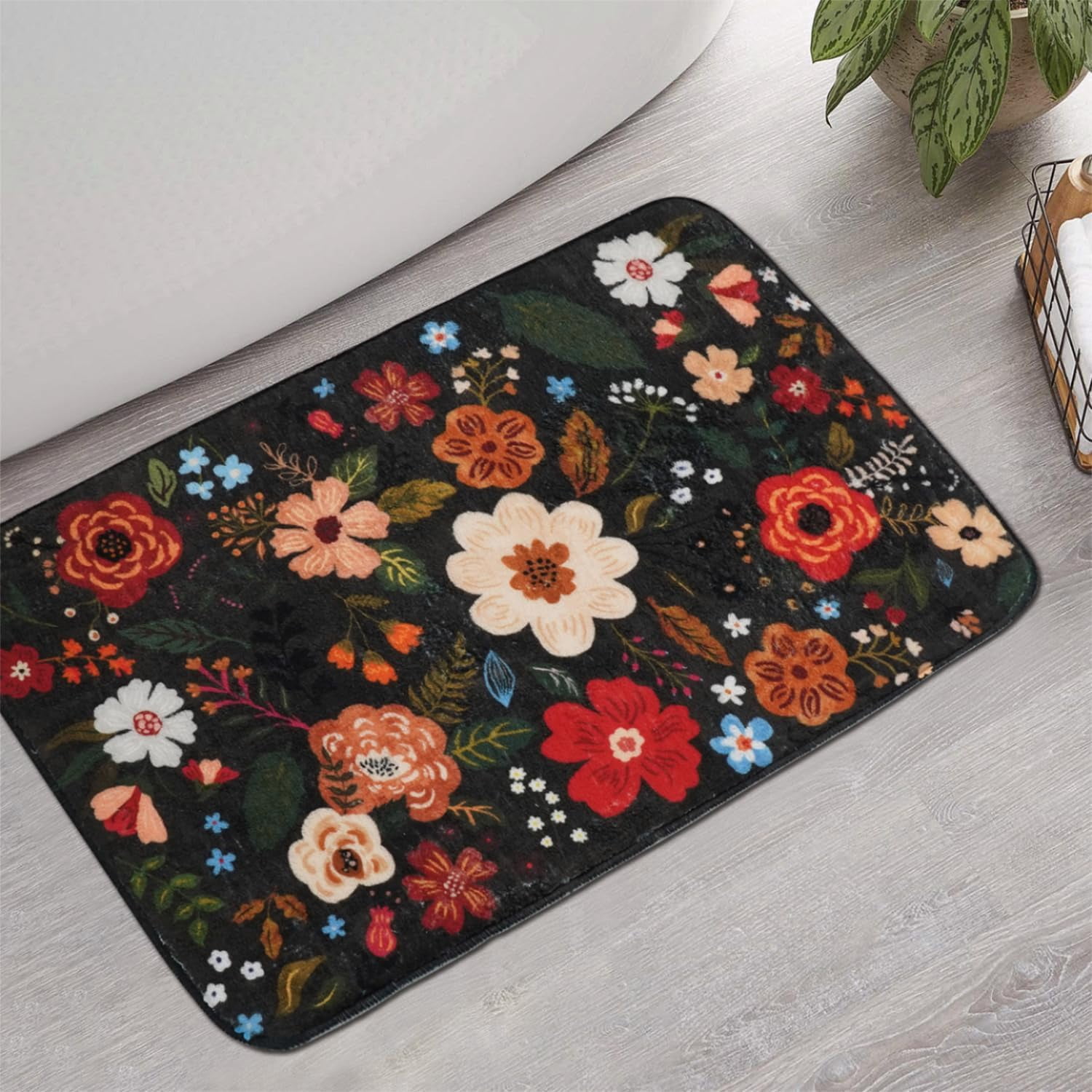 Black Flower Bathroom Rugs Non-Slip, Cute Floral Bath Mat for Bathroom Floor Decor, Soft Fluffy Washable Shower Rug for Bathtub Kitchen Sink