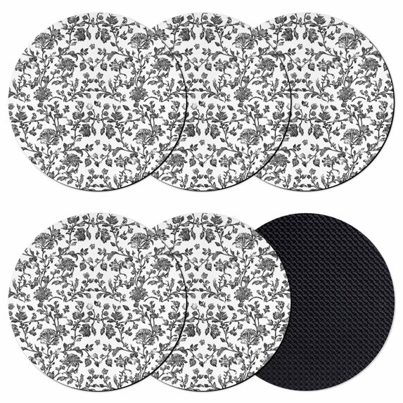 Black Flower Coasters Set of 6, Vintage Farmhouse Boho Leaf Spring Plant Absorbent Coasters for Drinks, Coaster for Bar Office Dining Coffee Table Accessories Decor, Non Slip Round Desk Coaster