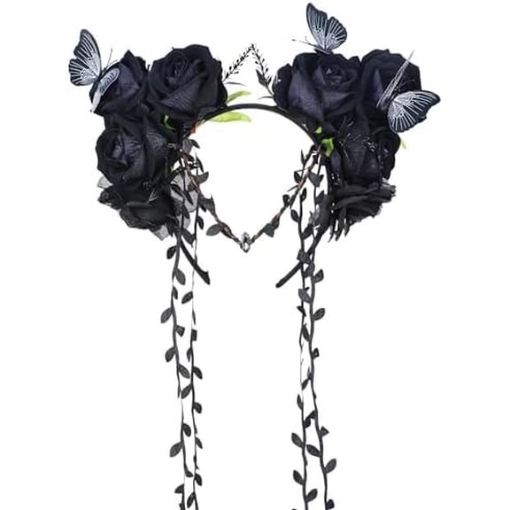 Black Flower Crown Headband - Gothic Floral Headpiece with Butterfly Dark Fairy Crown for Women Aesthetic Renfaire Renaissance Party