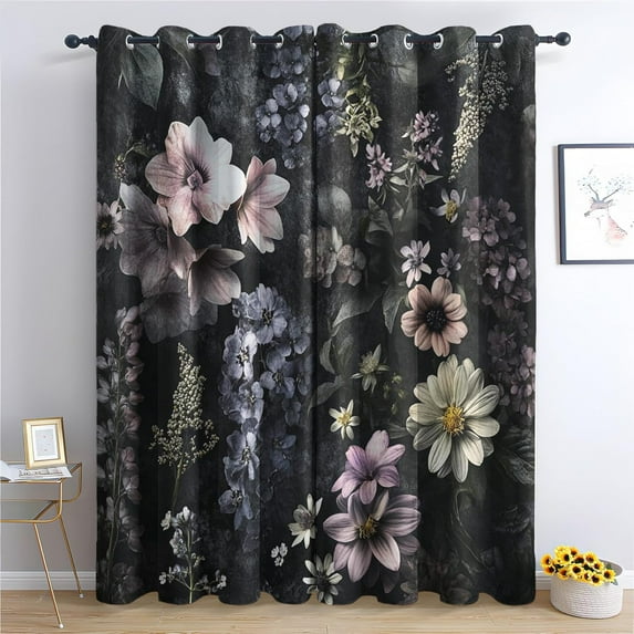 Black Flower Curtains, Moody Floral Blackout Curtains For Bedroom Living Room Home Decor, Vintage Daisy Patterned Grommet Drapes 38"W x 54"L