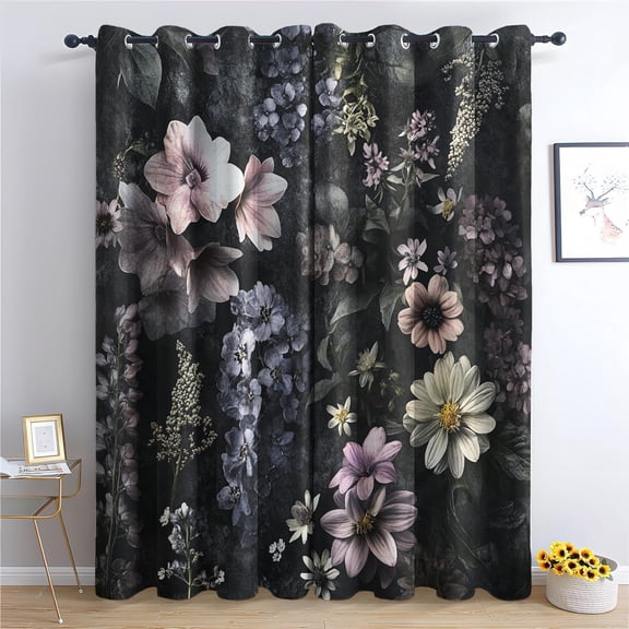 Black Flower Curtains, Moody Floral Blackout Curtains For Bedroom Living Room Home Decor, Vintage Daisy Patterned Grommet Drapes 52"W x 63"L