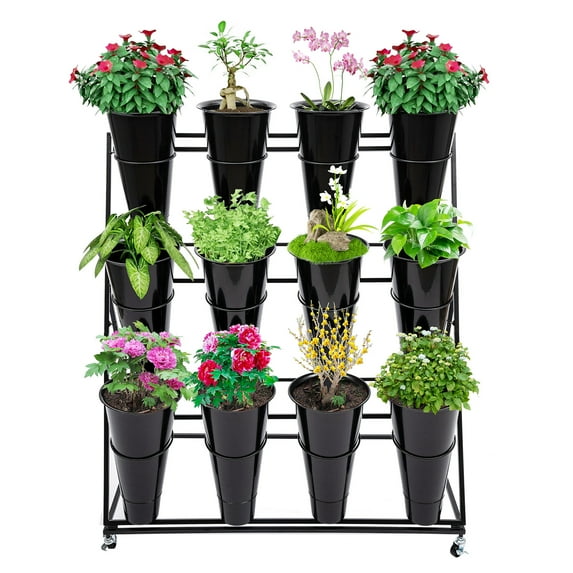 Black Flower Display Stand with 12Pcs Buckets, 3-Layer Metal Display Stand Decorative Flower Display Stand with Wheels Indoor Outdoor Mobility Flower Cart Ladder Shelf for Florist Patio, Balconies