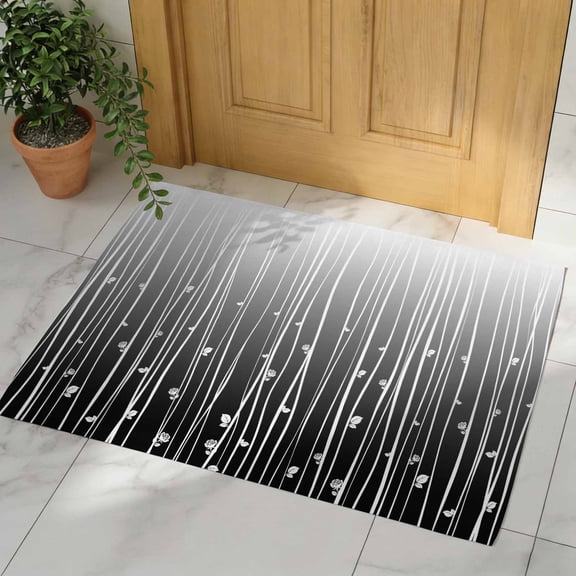 Black Flower Door Mat, Non Slip Bathroom Rugs, Geometric Stripes Gradient Simple Branch Absorbent Floor Mats, Washable Runner Rug Indoor Doormat for Front Door Entrance, Patio, Garage 16"x24"