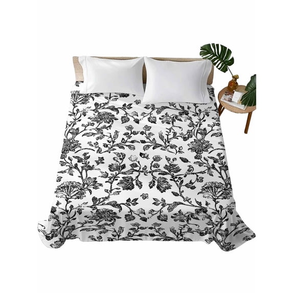 Black Flower Flat Sheet Only Twin Size, Soft Breathable Bed Top Sheets for Mattress, Vintage Farmhouse Boho Leaf Spring Plant Luxury Bedding Flat Sheets for Home Hotel Bedroom Bed Protection