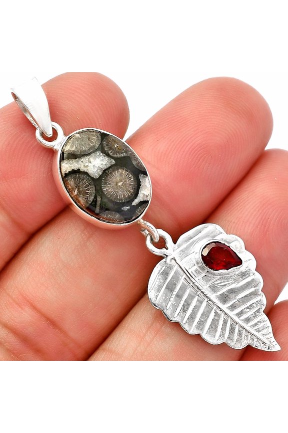 Black Flower Fossil Coral & Garnet 925 Sterling Silver Pendant Jewelry P-1539 SDP146832