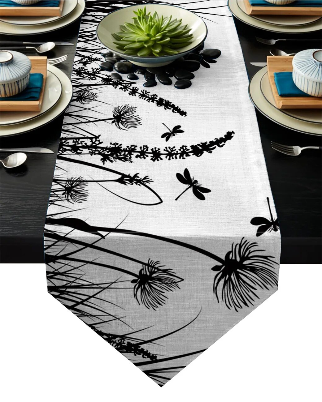 Black Flower Grass Dragonfly Table Runner For Wedding Hotel Party Table Runners Modern Cake