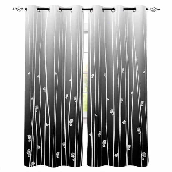 Black Flower Kitchen Curtains Geometric Stripes Gradient Simple Branch Cafe Short Curtains for Bathroom Blackout Window Curtain Small Window Treatment Drapes for Bedroom Living Room 27.5"x39"x2