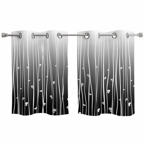 Black Flower Kitchen Curtains Small Short 39 Inch Length, Geometric Stripes Gradient Simple Branch Grommet Top Bedroom Living Room Curtains, Light Filtering Cafe Curtain Drapes 2 Panels Set 55''x39''