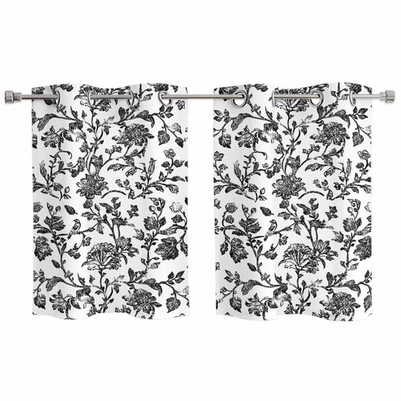 Black Flower Kitchen Curtains Small Short 39 Inch Length, Vintage Farmhouse Boho Leaf Spring Plant Grommet Top Bedroom Living Room Curtains, Light Filtering Cafe Curtain Drapes 2 Panels Set 55''x39''