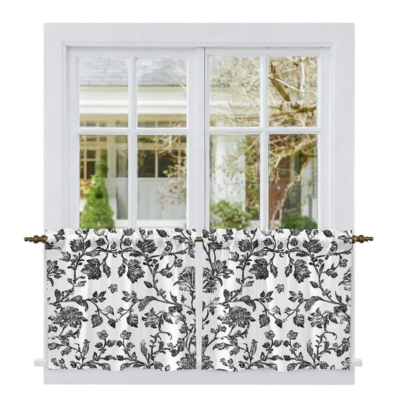 Black Flower Kitchen Tier Curtains 36 Inch Long 2 Panel Set,Rod Pocket ...