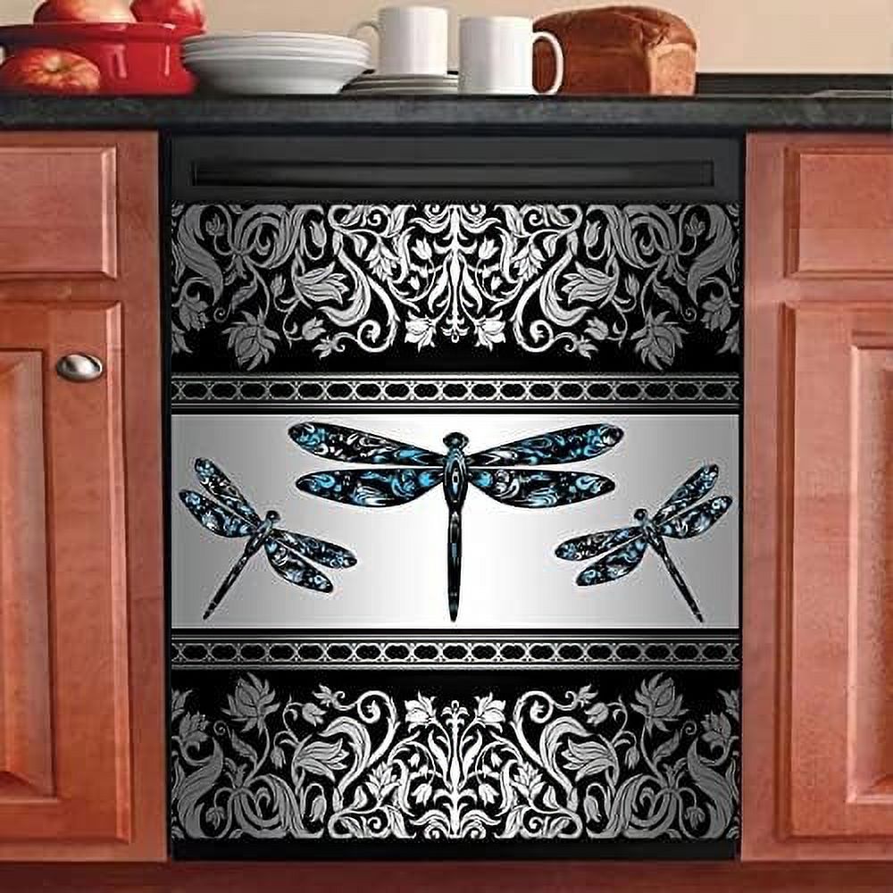 Black Flower Dishwasher Cover Decorative Dragonfly Dishwasher Decal Metal
