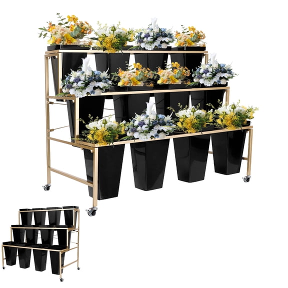 Black Flower Rack with Reinforced Fastening Screws, with Stable Golden Frame, Wheeled, for Flower Art Studio Creation Display, Flower - themed Wedding Show Venue Arrangement, Flower - themed Parent