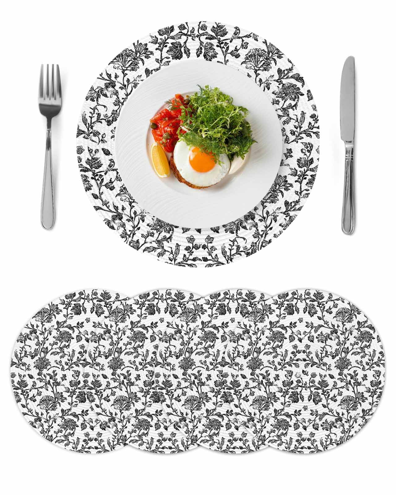 Black Flower Round 13 Inch Placemats Set of 4, Vintage Farmhouse Boho Leaf Spring Plant HeatResistant Non Slip Place Mats for Dining Table, Wipeable Braided Kitchen Table Mats for Housewarming