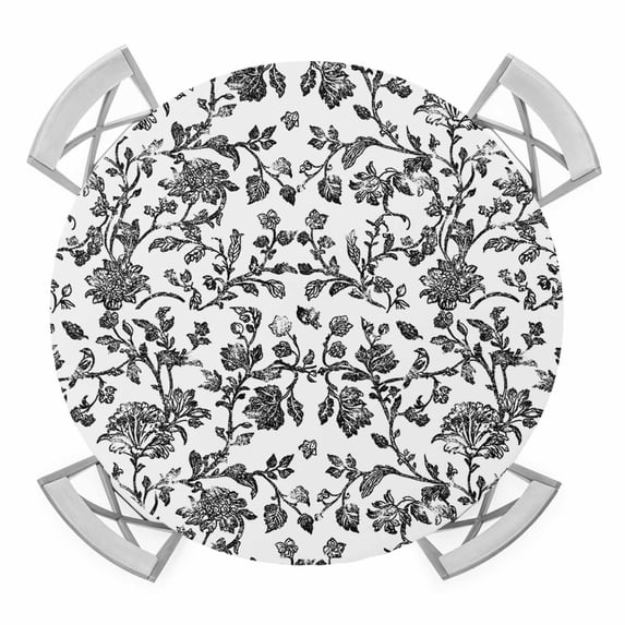 Black Flower Round Tablecloth for 36-44 Inch Tables,Fitted Table Cover with Elastic Edge,Vintage Farmhouse Boho Leaf Spring Plant Waterproof Outdoor Table Cloth Protector for Patio Garden Dinner