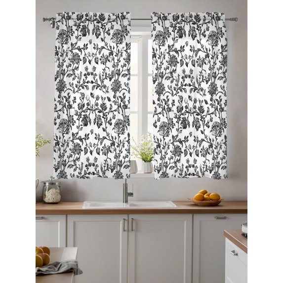 Black Flower Sheer Kitchen Tier Curtains 45 Inch length,Rod Pocket Half Curtains & Drapes,Vintage Farmhouse Boho Leaf Spring Plant Light Filtering Cafe Bathroom Window Treatments 2 Pcs 27.5"W x 45"L