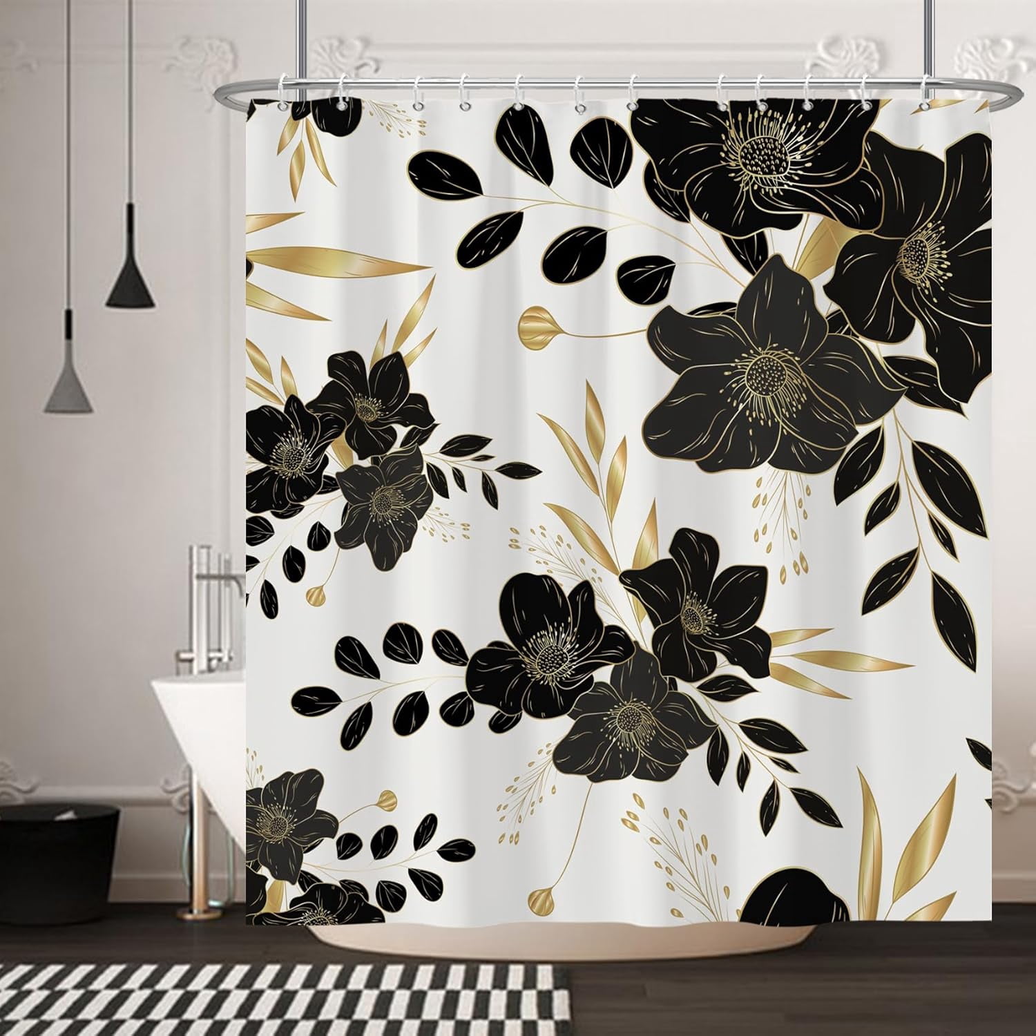 Black Flower Shower Curtain, Black Dark Floral Gold Leaves Shower ...