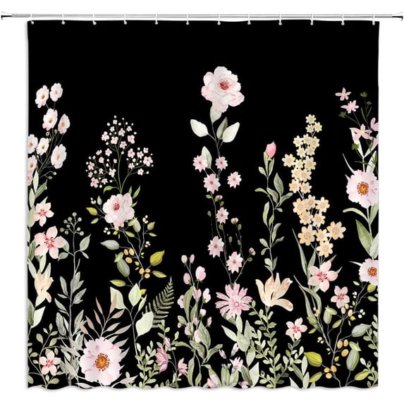 Watercolor Floral Shower Curtain Pink Wildflowers Green Leaves Spring Plant Nature Garden Retro Fabric Home Bathroom Decor Set with Hooks(36" WX70 H)