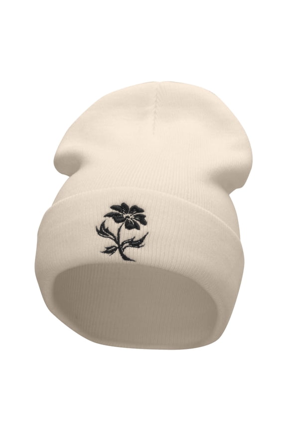 Black Flower Silhouettes Embroidered 12 Inch Long Knitted Beanie - Birch OSFM